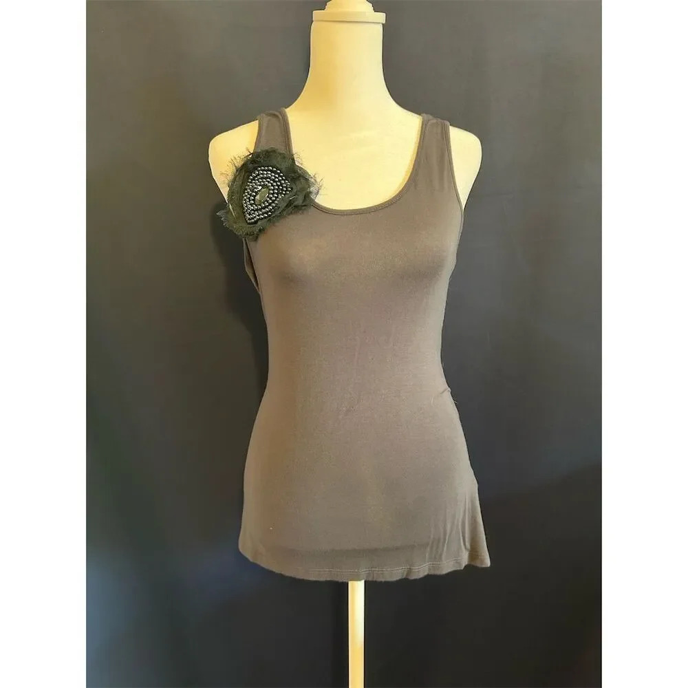 Mmmmmm Women's Brown Scoop Neck Tank Top L Floral Embroidery Casual